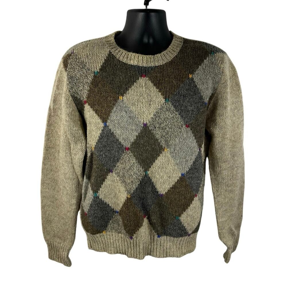 Vintage Boundary Waters 100% Wool Argyle Knit Sweater Brown Tan Size Large